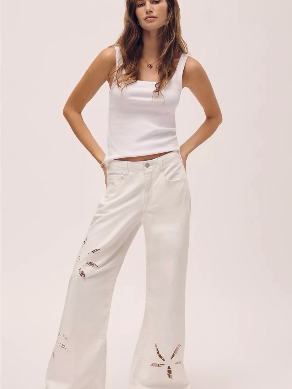 Pilcro White Wide-Leg Jeans with Laser-Cut Accents